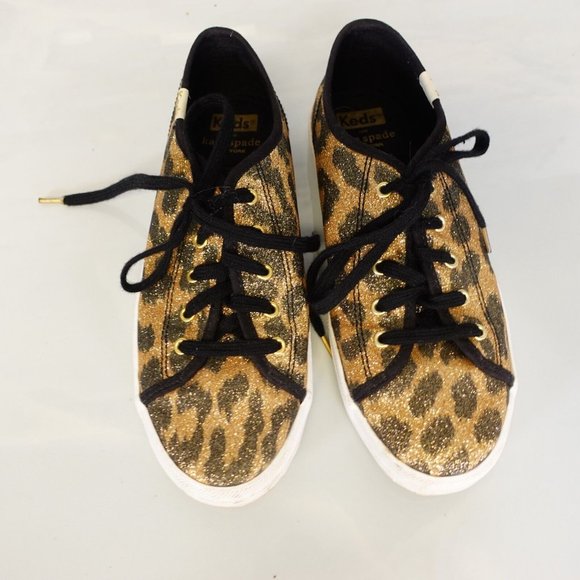 Kate Spade Shoes Girls 3 Sneakers Flat Casual Leopard Sparkle Gold Keds - Picture 7 of 16